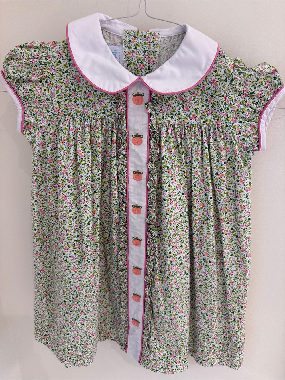 Girls' Green & Pink Floral Dress with White Collar and Pumpkin Detail